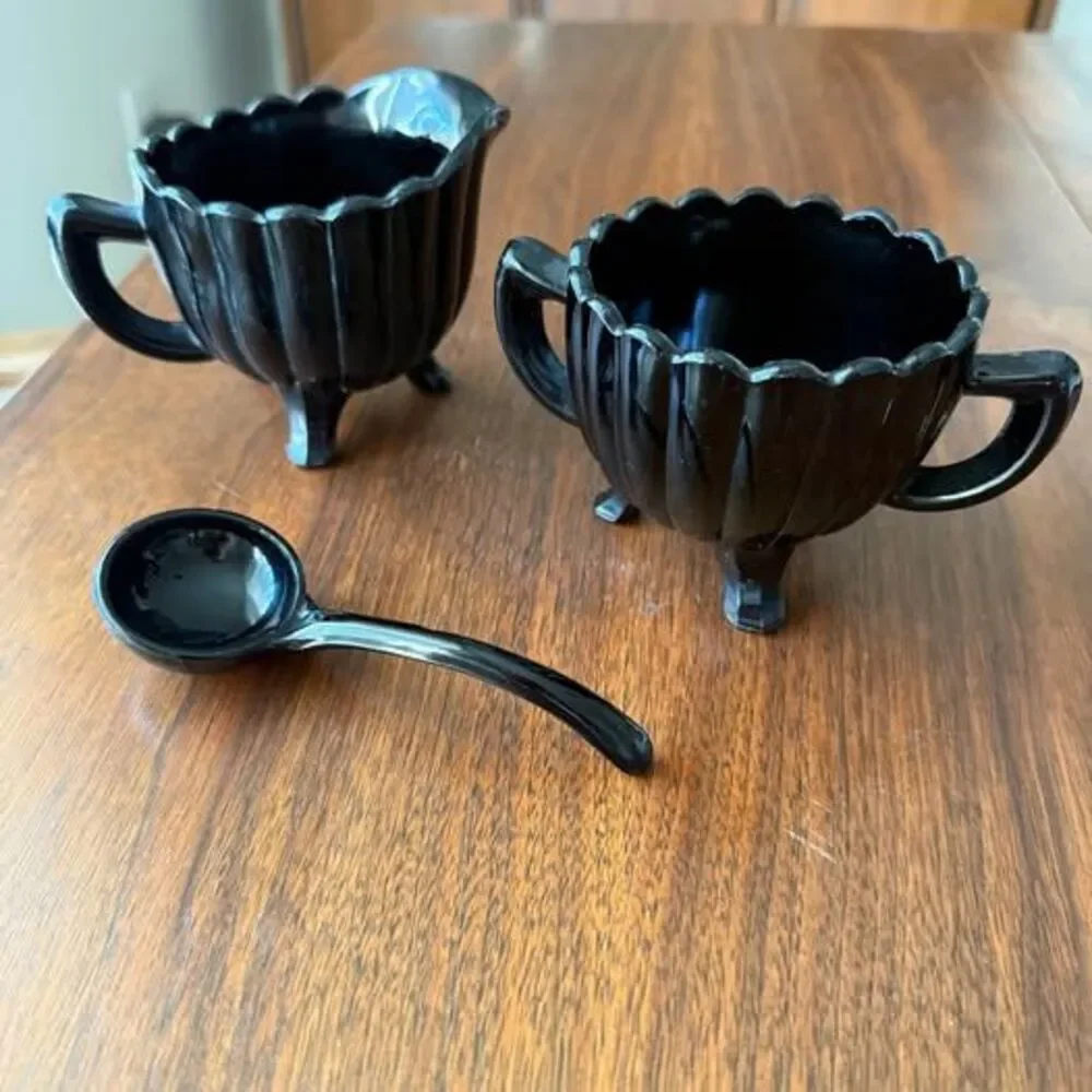 Vintage MCM Footed Black Glass Creamer And Open Sugar Bowl Ribbed with Spoon